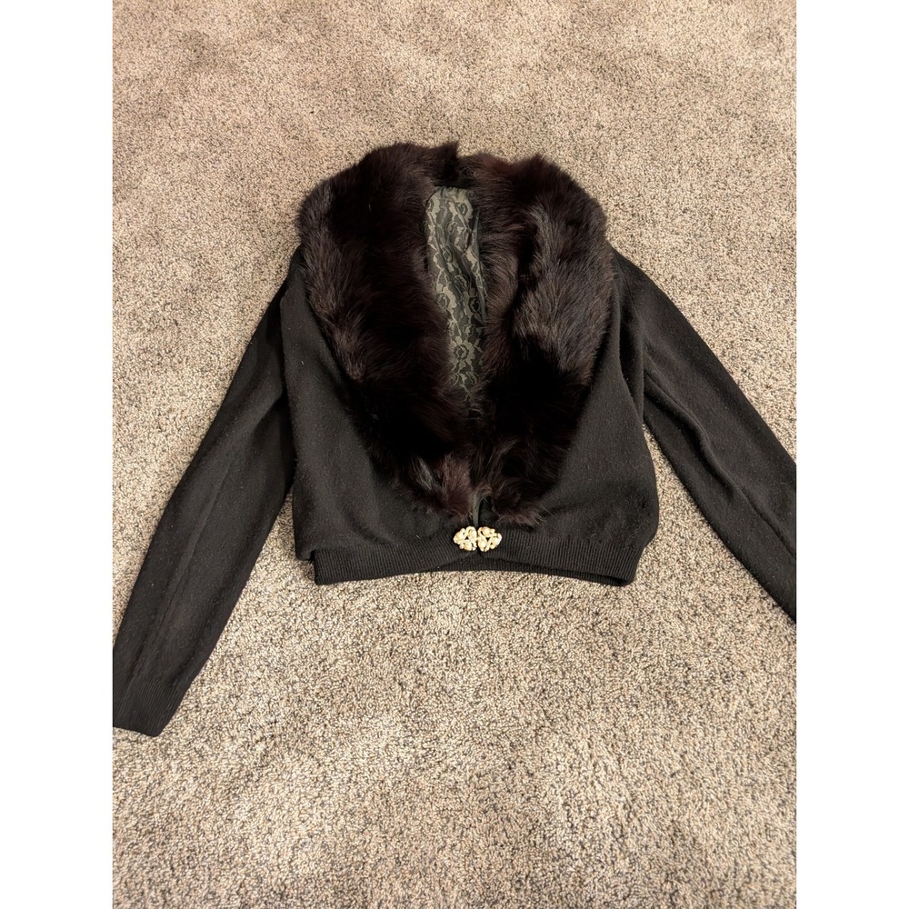 Vintage Bernhard Altmann‎ Cashmere Sweater Fur Collar Jeweled Clasp 1950s